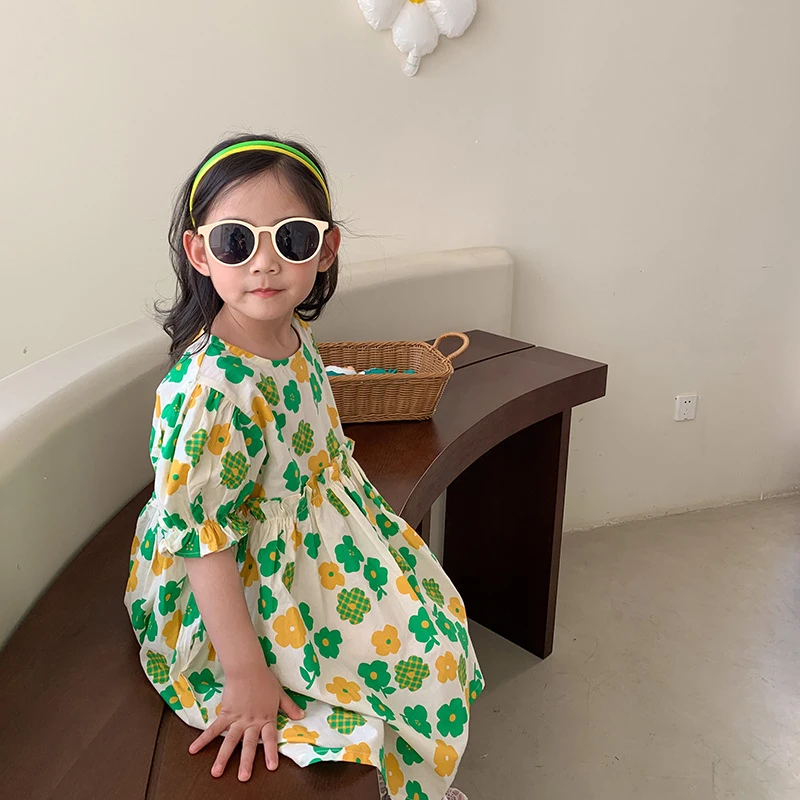 MILANCEL 2022 Summer Girls Dress Yellow Green Floral Round Neck Puff Sleeves Kids Clothes One Piece matching christmas outfits