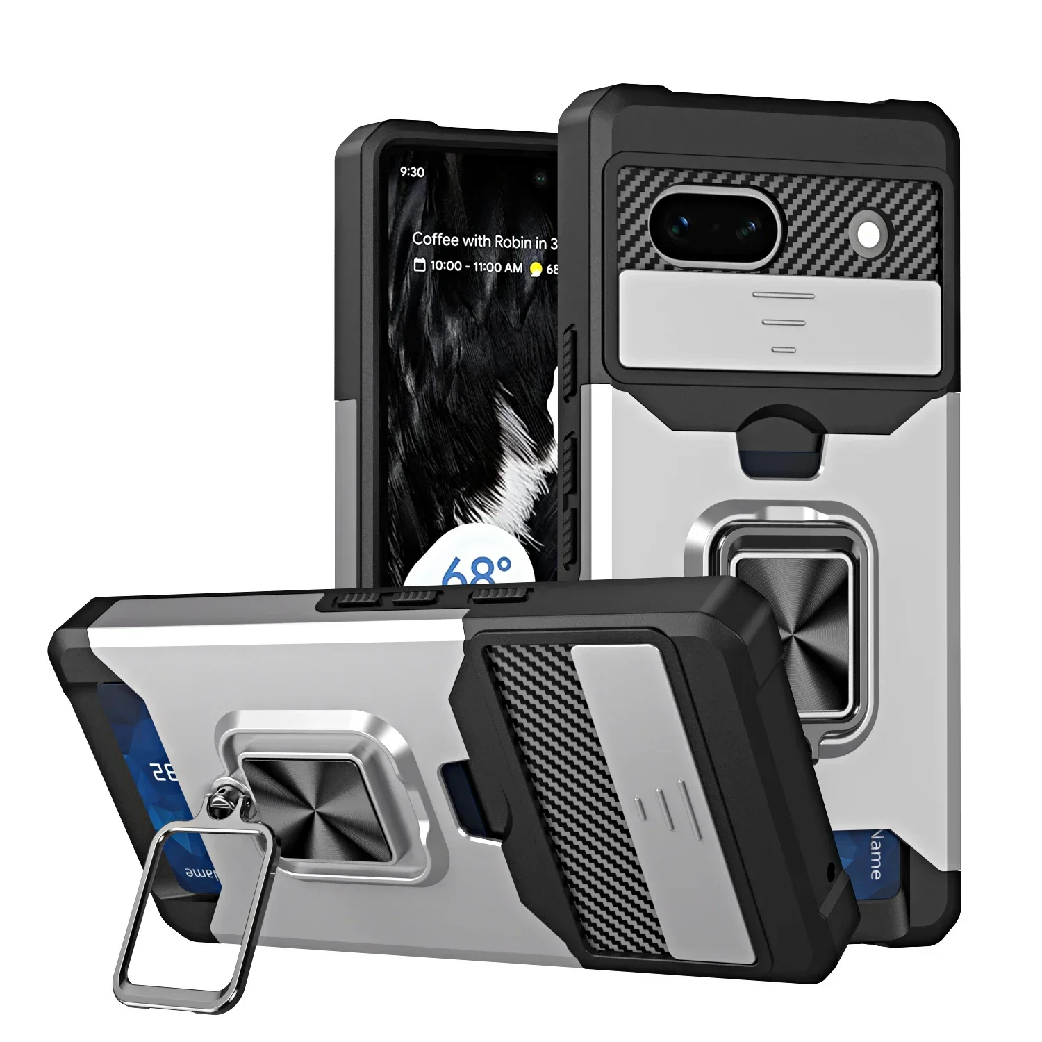 Luxury Slide Camera Card Holder Wallet Case with Ring Stand Cover