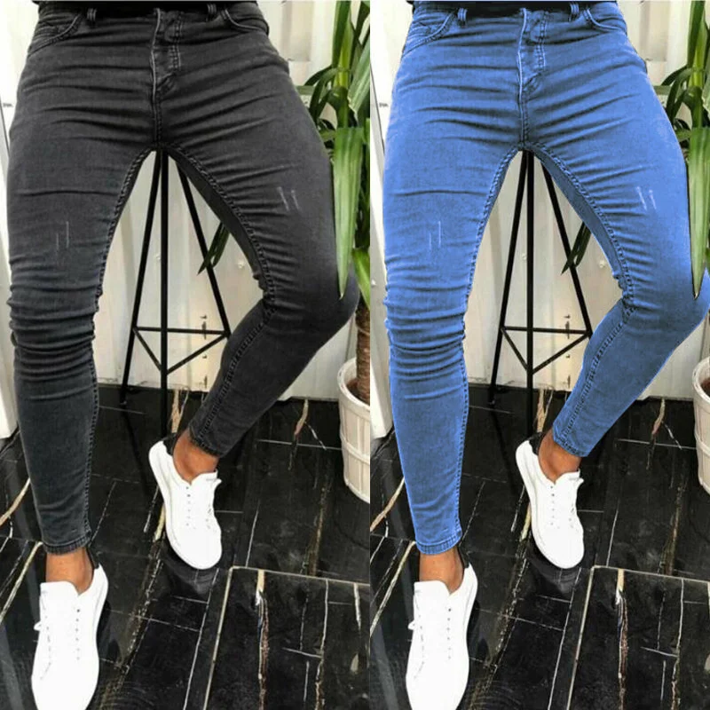 

Men's Skinny Solid Color Pencil Jeans Cotton Slim Fit Scratch Denim Pants Washable Casual Splicing Trousers Streetwear