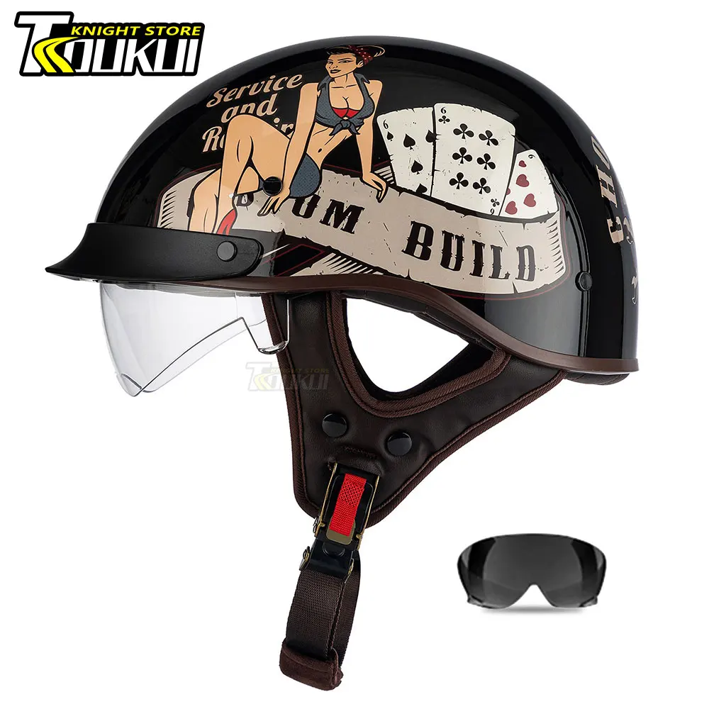 Nuovo Casco Moto Retro Scooter Casco Uomo Donna Capacete Mezza Faccia Casco Moto Scooter Casco Doppia Lente Dot Approvato