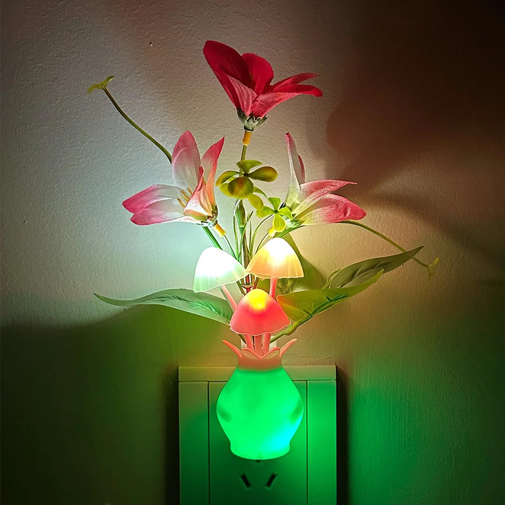 Plug-in Night Light With Built-in Light Sensor, RGB LED Mushroom Night Flower For Bedroom Nursery Kids Room