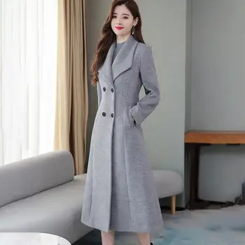 Cappotto di lana da donna autunno inverno bavero maniche lunghe tasche vita stretta orlo allentato bottoni abbottonatura cappotto cardigan a metà polpaccio 1