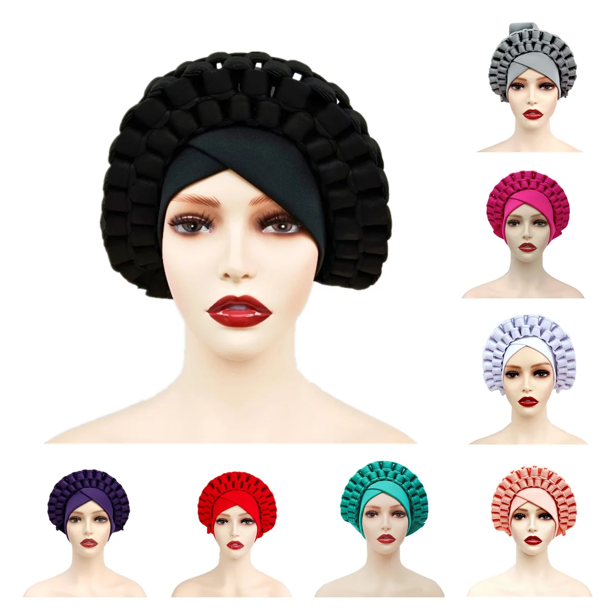 

African Turban Hat Head Wrap Headtie Solid Color Auto Gele Women Hijabs Cap Robe Chef Cover Ready To Wear Bonnet Headwear