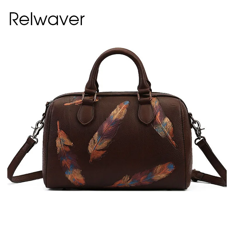 

Relwaver genuine leather feather embossing women handbags 2023 winter Boston bag cow leather pillow big shoulder crossbody bag