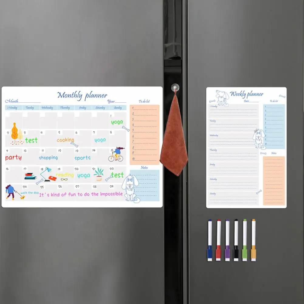 Fridge Pvc Board Magnetic Weekly Planner Efficient Weekly Planning Scratch-proof Magnetic Fridge Calendar Kit with Pens Organize