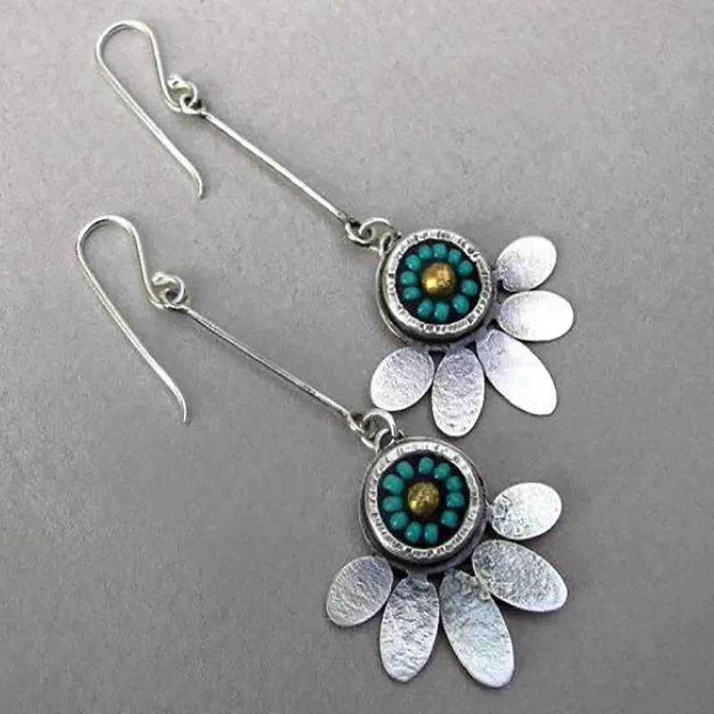 

Ancient Round Boho Earrings Vintage Jewelry Silver Color Metal Geometric Petals Long Hook Flower Dangle Earrings Gift