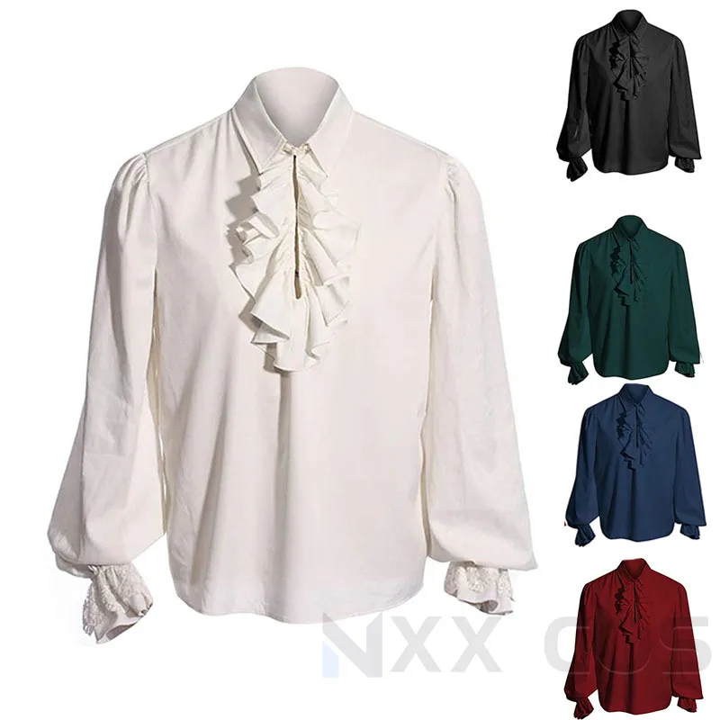 

Christmas Mens Medieval Shirts Poet's Renaissance Cosplay Costume Viking Pirate Captain Lace Up Ruffle Tops Sand Collar Shirt