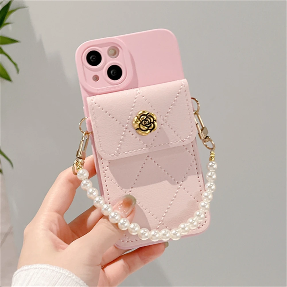 Korea 3D Kamelie Blume Karte Tasche Perle Kette Silikon Weiche Fall Für iPhone 16 15 14 Pro Max 13 12 11 X XR 8 Plus Stoßfest Abdeckung_voghion.com
