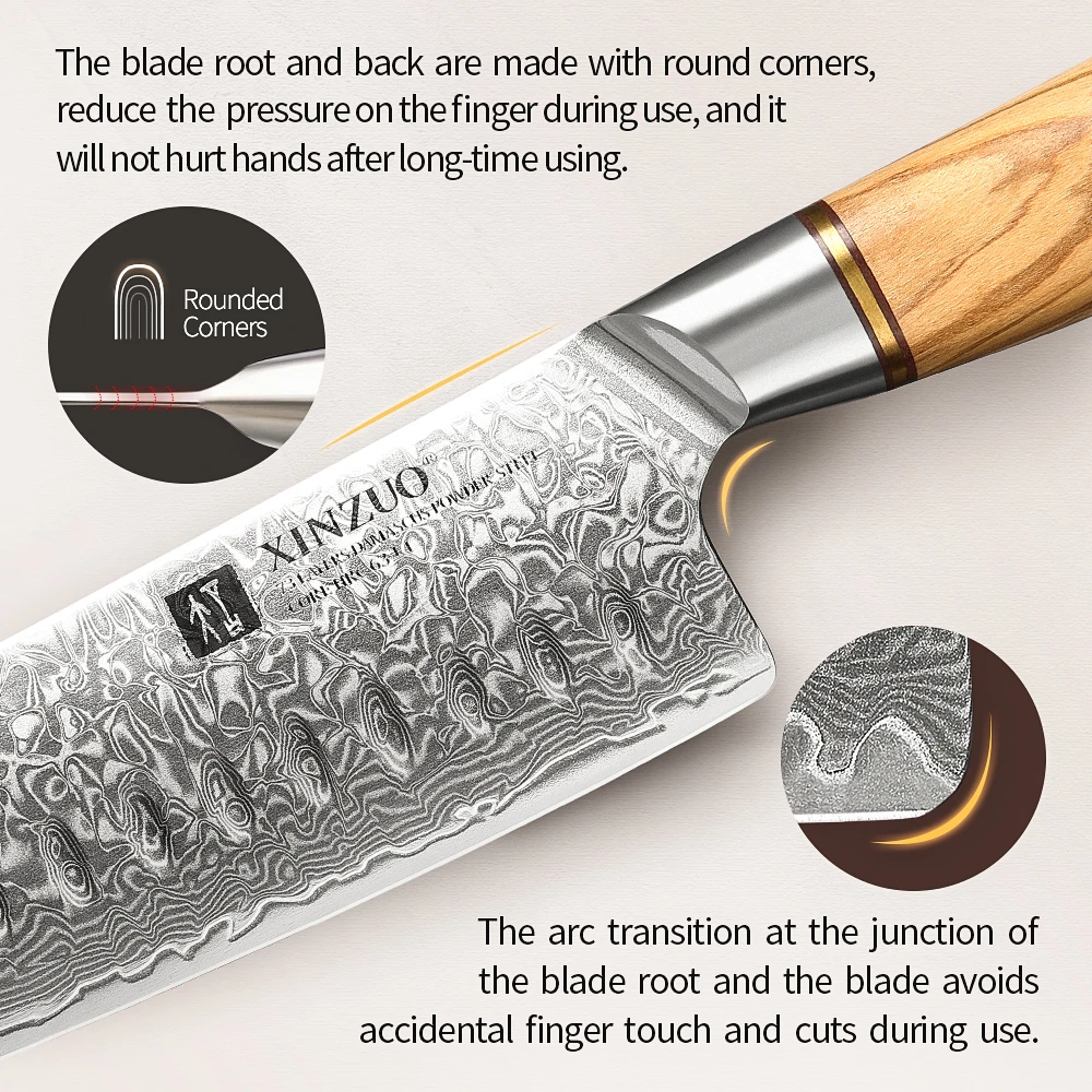 1PC-3PCS Damascus Japanese VG10 Steel Chef Knife Santoku Knife Utility Olive Wood Handle Copper Flower Nails