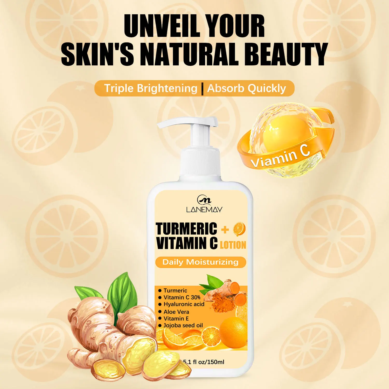 150ml Turmeric Body Lotion Reduce Fine Lines and Wrinkles Moisturizing Daily Exfoliating VC and Aloe Vera Body Cream 4