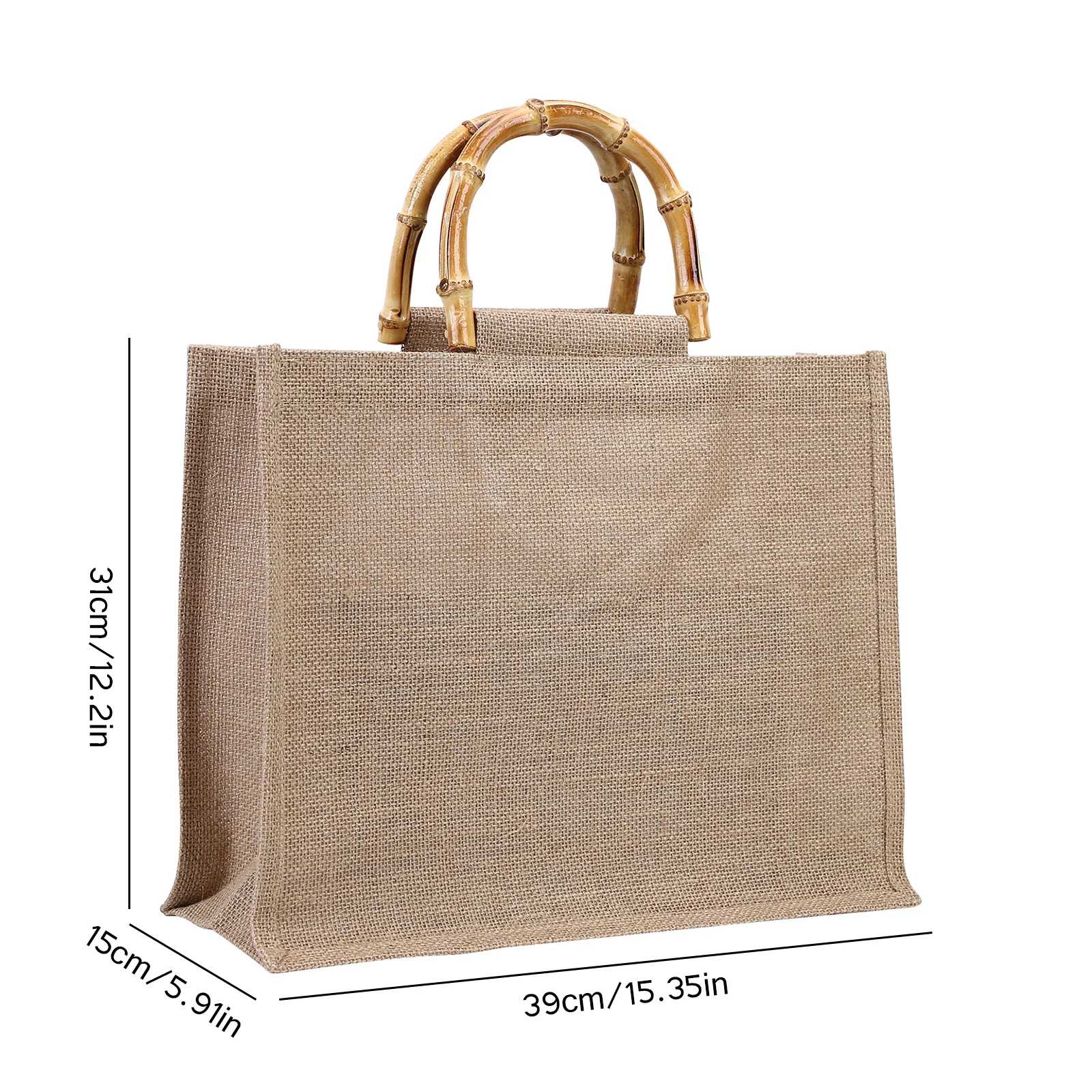Women Burlap Jute Tote Bag Retro Beach Handbag Bamboo Handle Linen Beach Shoulder Top Handle Bag Fashion Reusable Shopping Bags