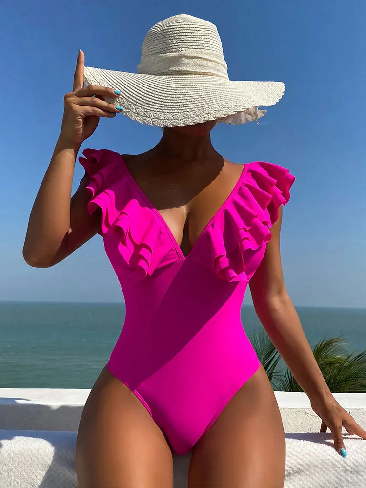 

2023 Sexy Ruffled One Piece Swimsuit Women Deep V Neck Ruched Swimwear Padded High Cut Bathing Suit Monokini Swim Beach Wear