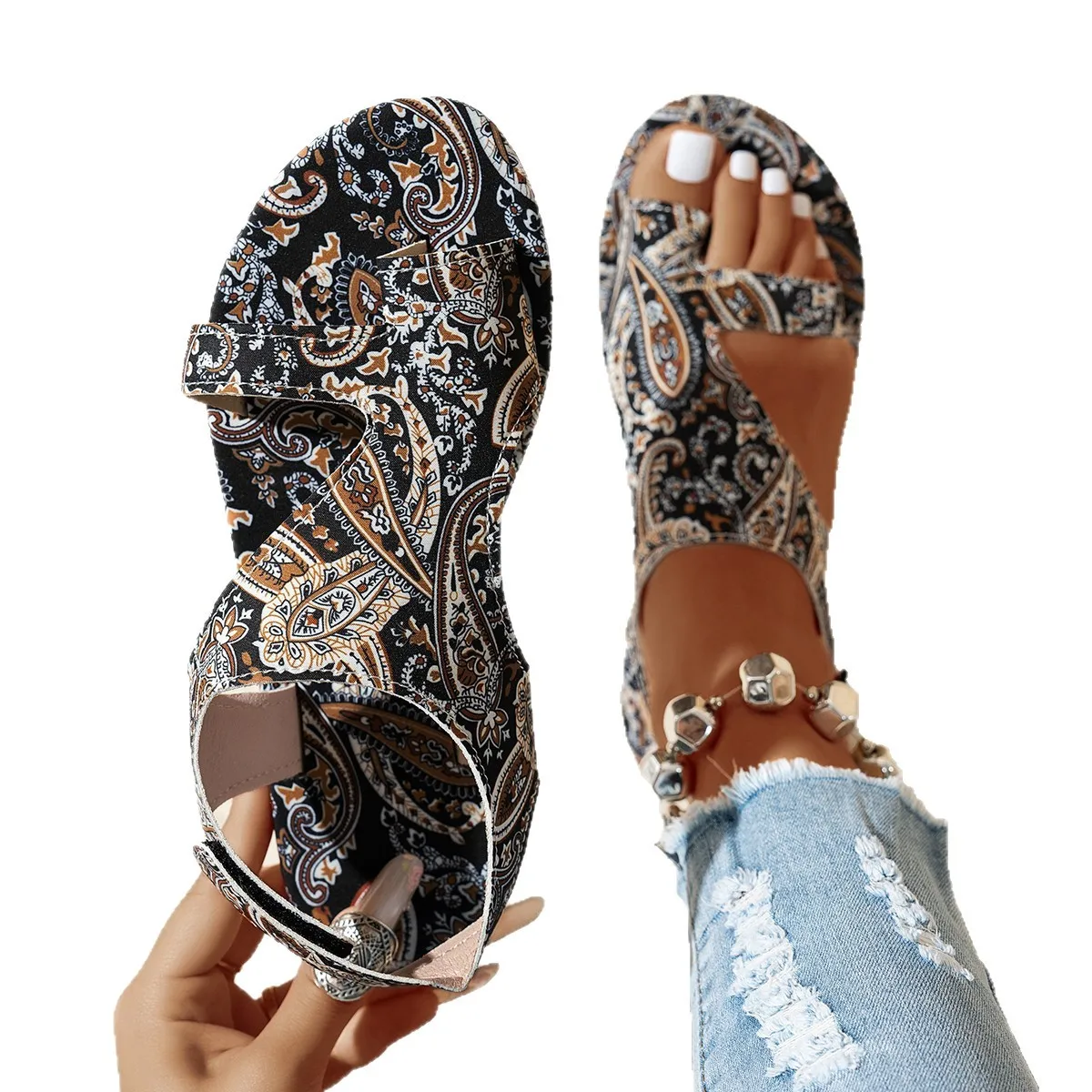 Cross-border Plus Size Ethnic Style Cool Slippers for Women2025Summer New Flat Printed Toe Ring Roman Style Sandals