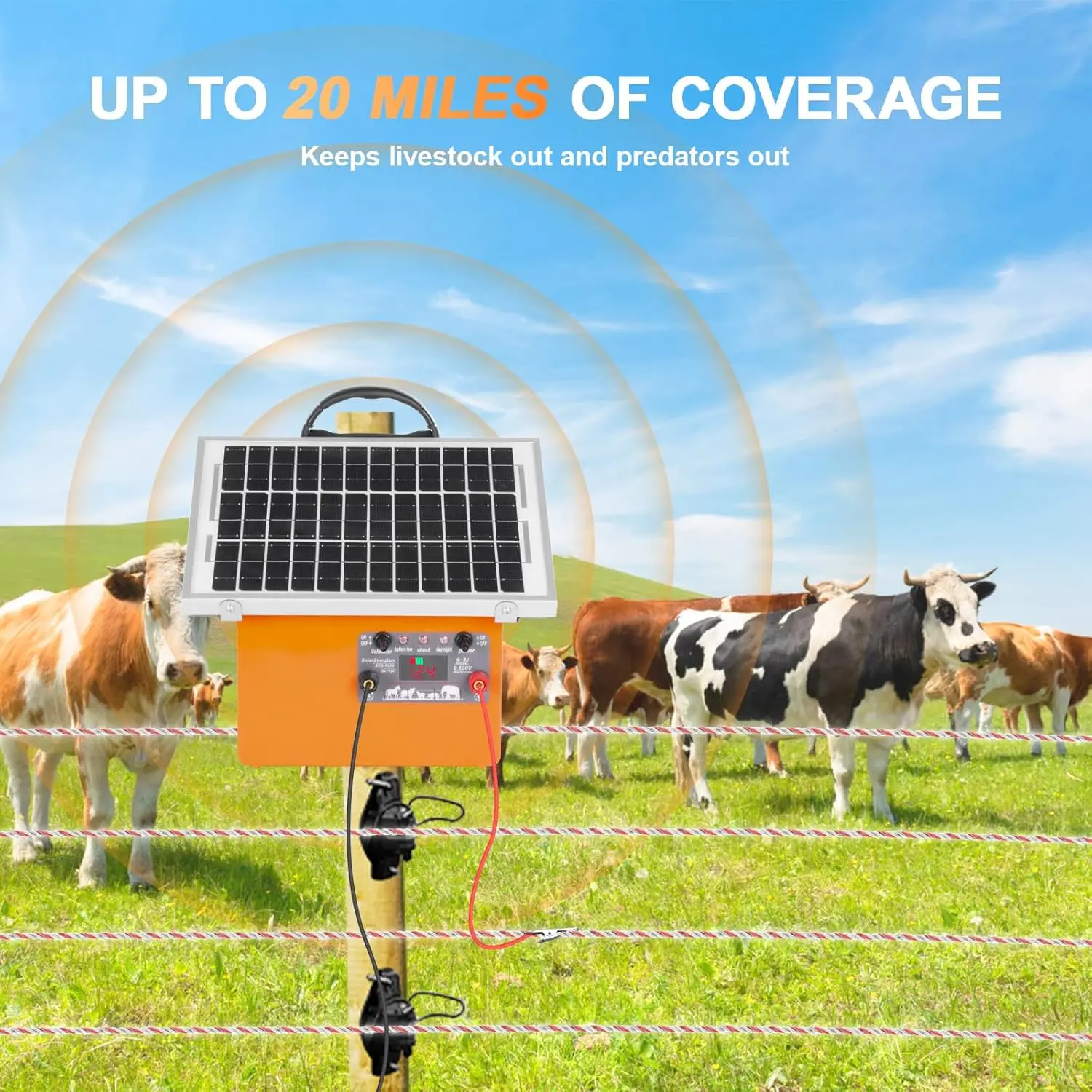 20 Miles Solar Electric Fence Charger 0.5J Energizer Controller for Livestock Prevent Predator Invasion for Poultry No Battery