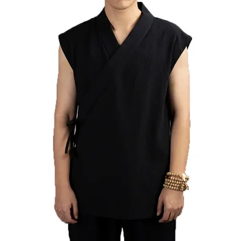 Abbigliamento tradizionale cinese Hanfu giacca da uomo senza maniche in cotone di lino abito da uomo Tang Kimono Cardigan cappotto a punto aperto maschile