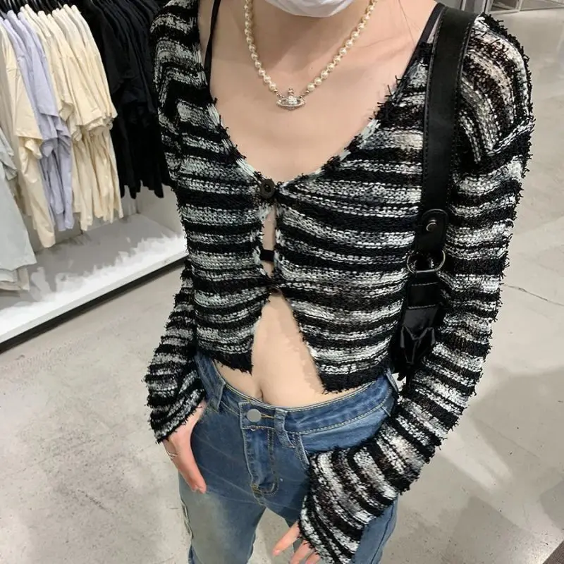 

Полосатый вязаный кардиган, пальто, женская новая осенняя дизайнерская рубашка с тонкой нитью, укороченный топ с коротким рукавом, укороченные топы с длинным рукавом