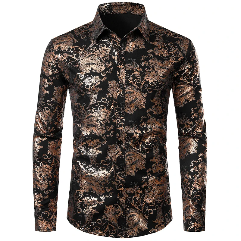 thumbnail image 1 of Camisa de vestir con estampado floral dorado de lujo para hombre, camisas de manga larga con botones y estampado completo en 3D para fiestas, blusas casuales para hombre, 1 of 5