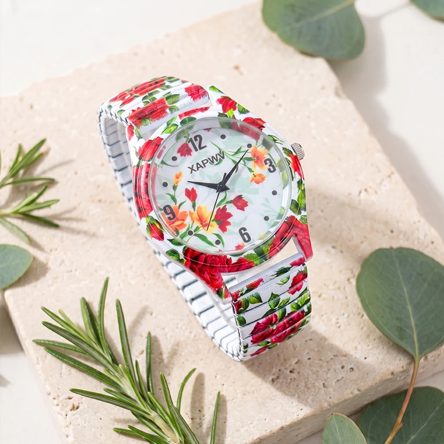 Elegant His and Hers Watch Set with Leaf and Rose Dial Design and Elastic Straps