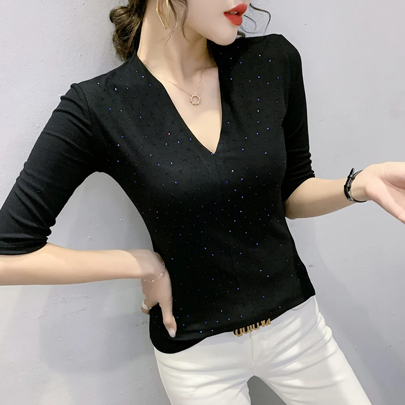 

Summer Korean Style Cotton T-Shirt Sexy Fashion Solid V-Neck Shiny Diammonds Women Tops Short Sleeve All Match 2022 Tees 9337