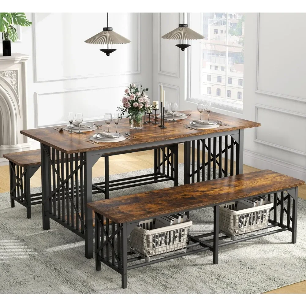 

3-Piece Dining Table Set for 4-6 People, 63" Dining Room Table with 2 Benches, Industrial Rectangular Dining Room Table Set