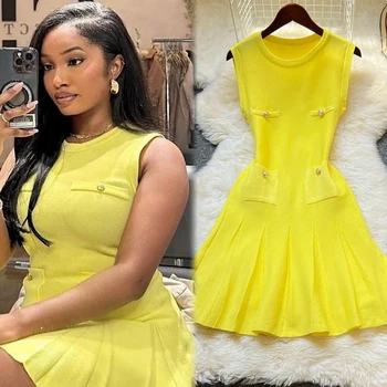 YuooMuoo Chic Fashion 2026 Summer Pleated Short Dress Women O-neck Slim Waist A-line Party Dress Streetwear Lady Outfits Vestido 1