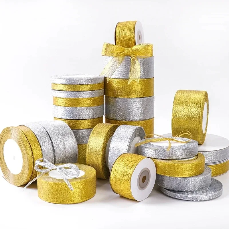 Gold and Silver Metallic Glitter Ribbon – 25-Yard Roll for DIY Crafts, Sewing, and Gift Wrapping