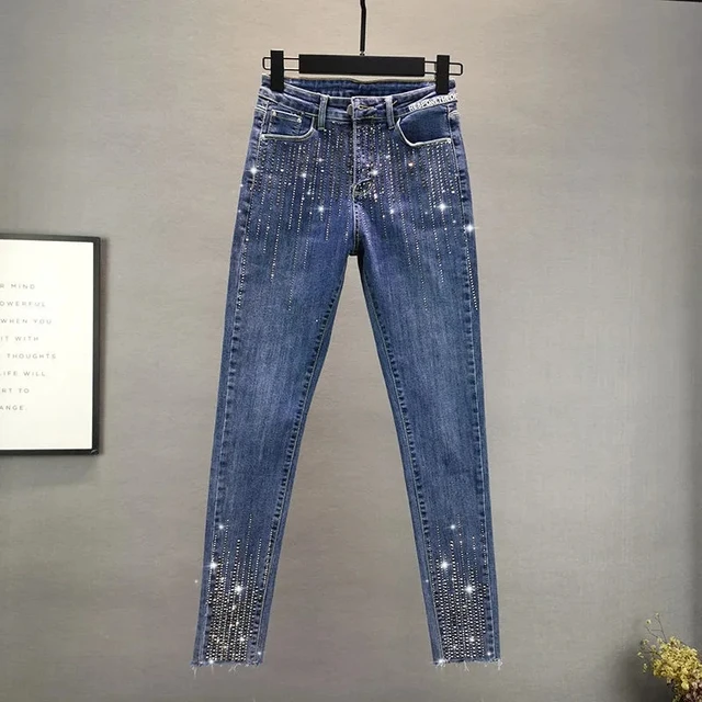 Ladies Heavy Industry Rhinestone Skinny Jeans 2023 Spring Summer High Waist Women Blue Denim Pants Korean Street Stretch Pants 1