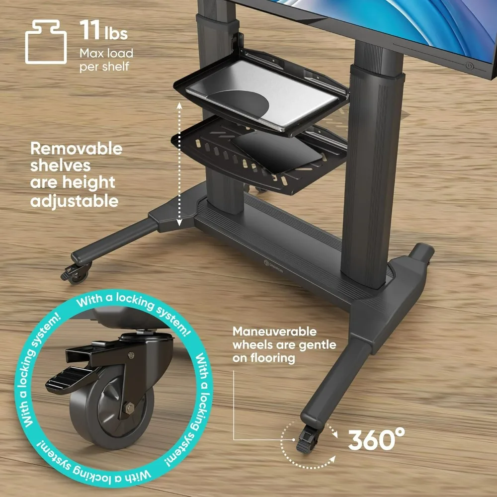 Aluminum TV Stand with Wheels for 40-80 Inch Screens, Adjustable Height, Up to 144 lbs Capacity
