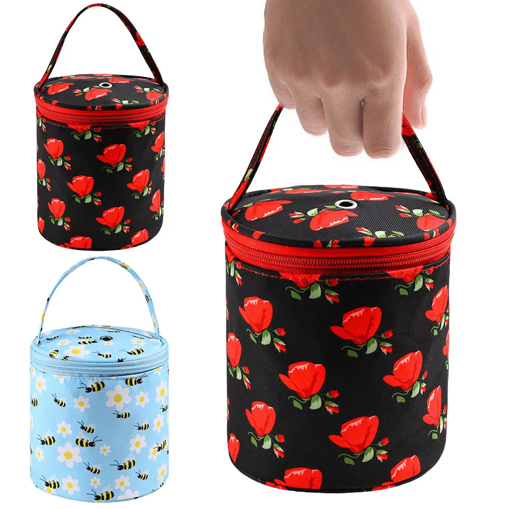 Oxford Yarn Holder Rose Pattern Yarn Storage Tote Bag with Handle Bucket Bag Short Perforated for Hooks Knitting Needles