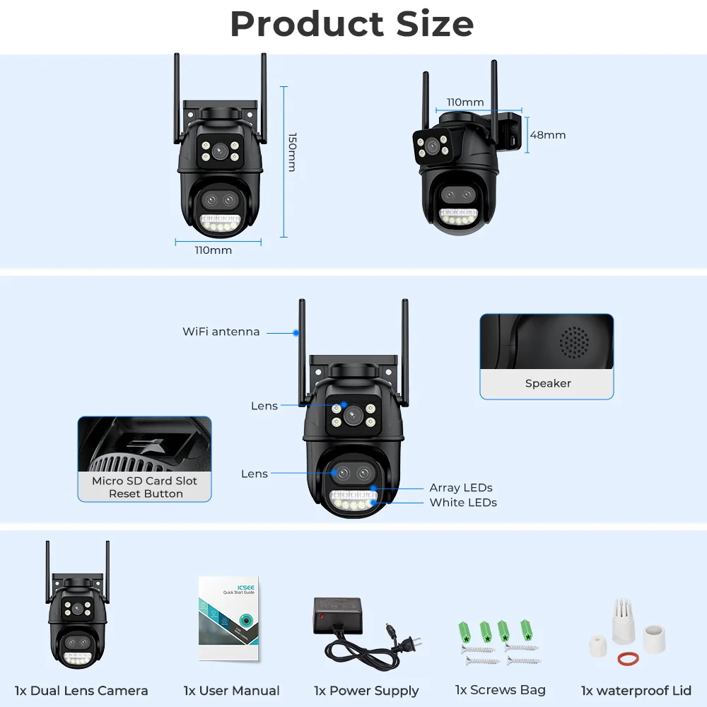 12MP Outdoor WIFI Camera Zoom Three Lens Dual Screens PTZ Video Cameras Auto Tracking Home Security CCTV 8MP Surveillance Camera