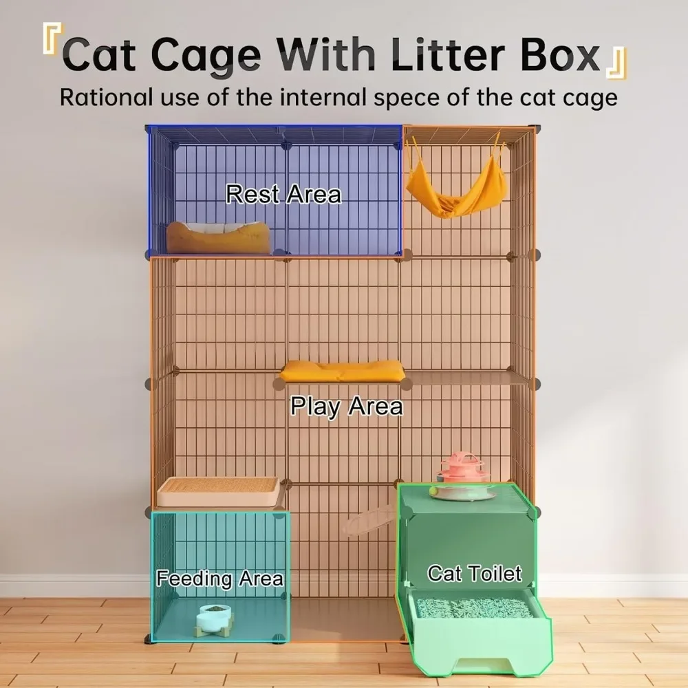 Cat Cage with Litter Box,4-Tier DIY Cat Enclosures Large Playpen Detachable Metal Wire Kennel Indoor Crate Large Exercise