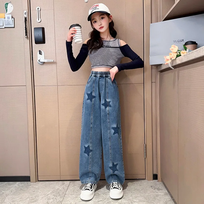 Big Girls School Wide Leg Pants with Star Pattern Casual