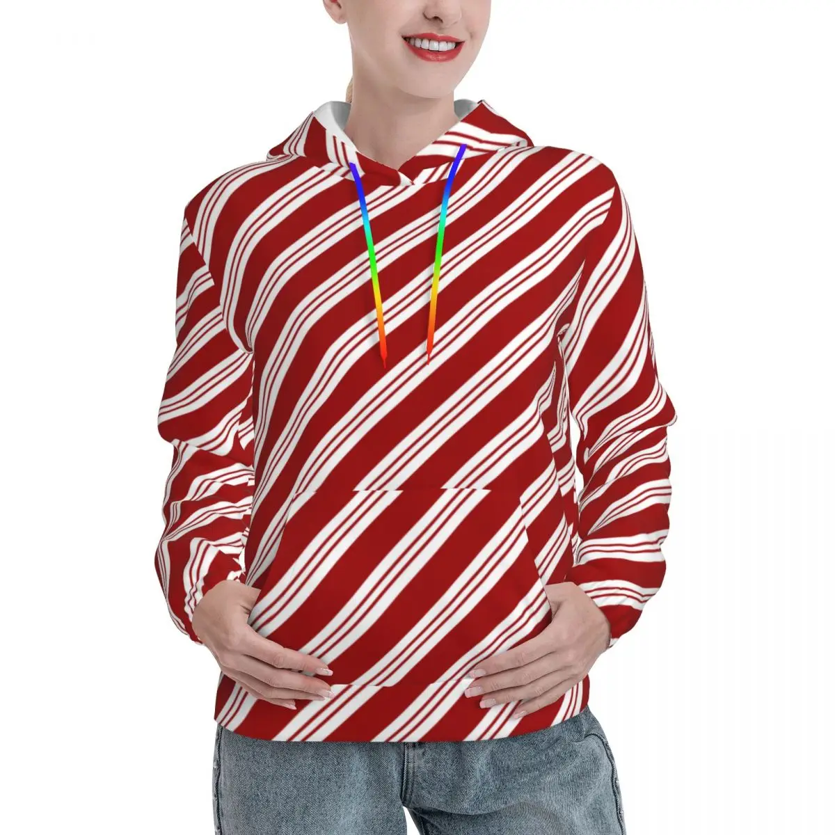 

Red Line Casual Hoodies Christmas Candy Cane Stripes Hip Hop Sweatshirts Winter Long Sleeve Street Wear Oversized Hoodie Gift