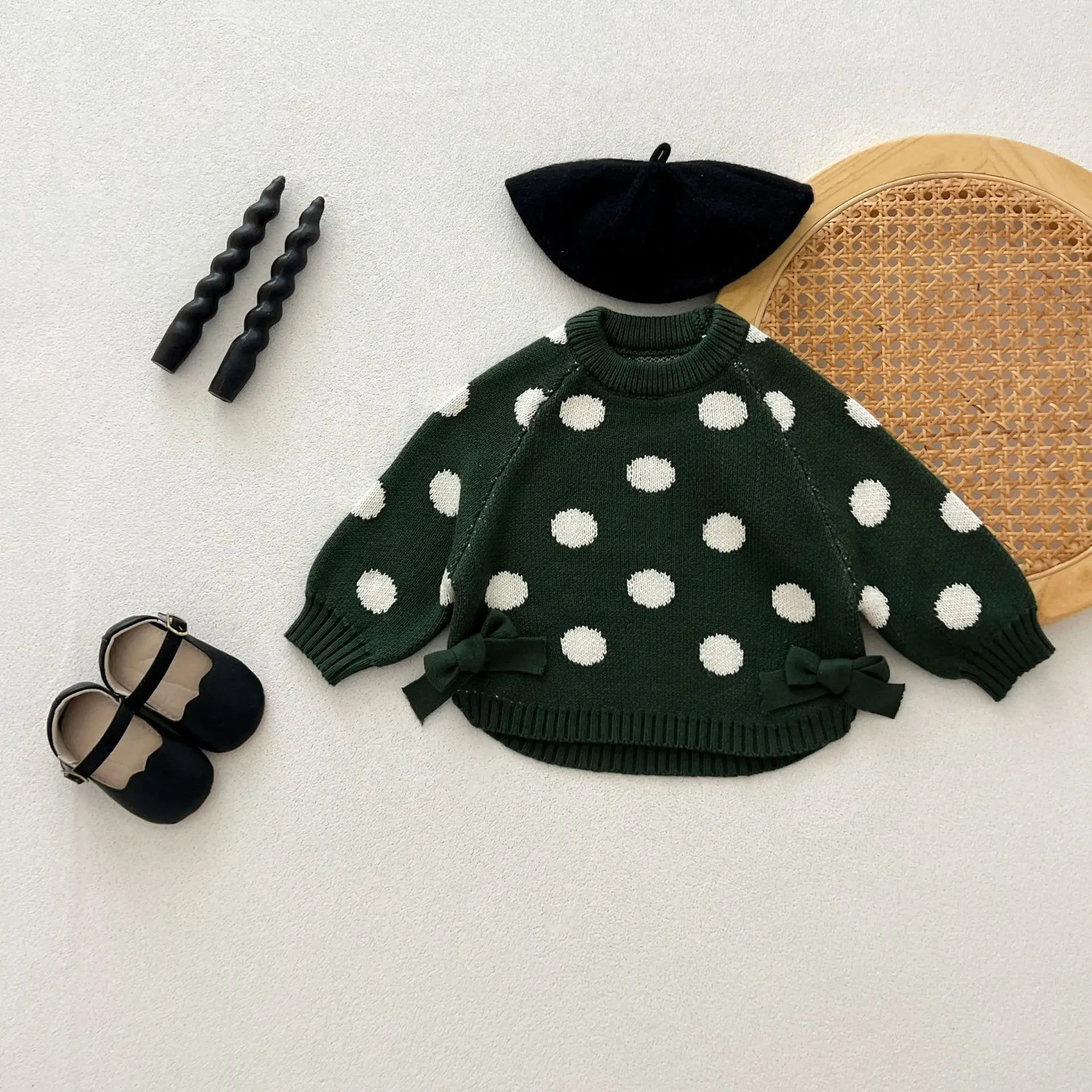 Autumn Newborn Infant Baby Boy Girls Dot Pullover Bow Sweater Knit Long Sleeve Jacket Kids Onepiece Fashion Baby Clothing