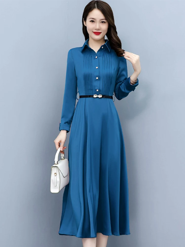 

2023 Spring Autumn Party Vintage Dress Purple Elegant Bodycon Luxury Fashion Casual Robe Women Long Sleeve Blue Satin Midi Dress