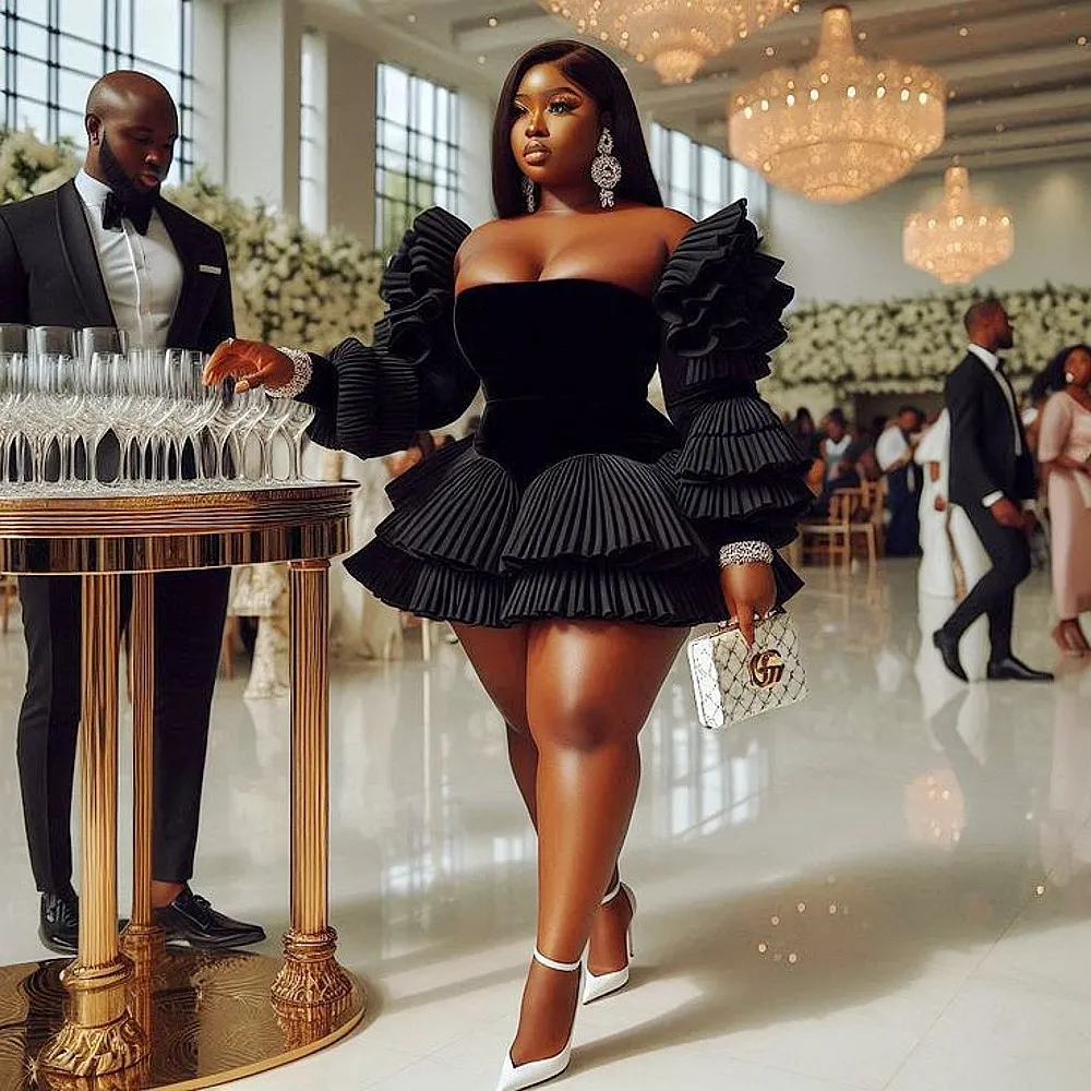 Plus Size Black Cocktail Dresses Sexy Sweetheart Tiered Draped Long Sleeves Evening Party Dress Black Girls Birthday Gowns