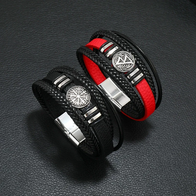 Leather Bracelet Men's Multi-Layer Viking-Inspired Trendy Black/Red Color Fashion Braided For Social Occasions