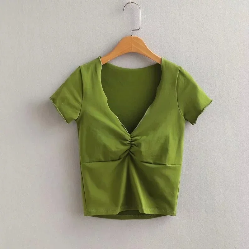 

Summer V-neck low-cut pleated stretch slim high waist solid color short-sleeved shirt gray22
