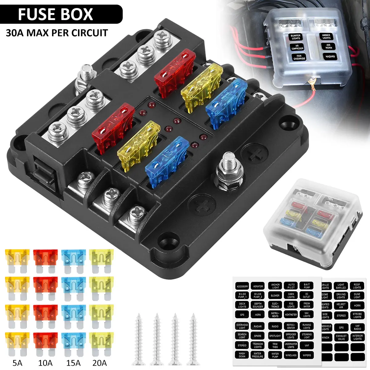 6WayFuseBoxCarBoatFuseBoxHolderDC32VCircuitBladesFuse