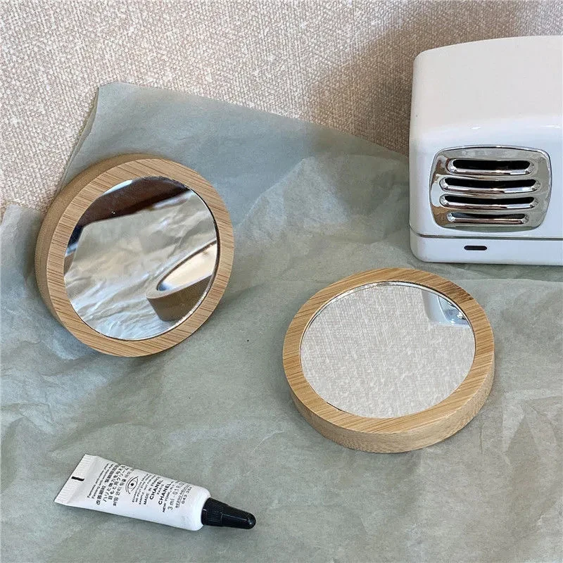 Mini Makeup Mirror Simple Portable Wooden Mirror Female Beauty Round