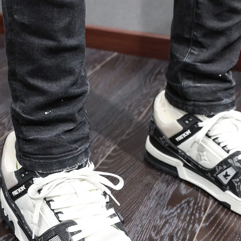 High Street Fashion Men Jeans Retro Black Gray Stretch Skinny Fit Ripped Jeans Men Painted Designer Hip Hop Brand Pants Hombre