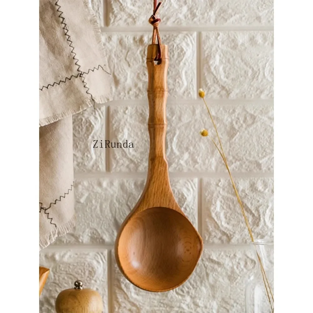 *Long handle water scoop Solid wood bamboo handle Rice scoop Kitchen wooden spoon Wooden bucket Sauna water spoon