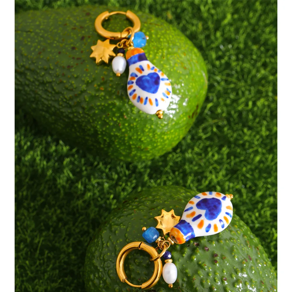 Yhpup France Earrings Ceramic Heart Star Drop Hoop