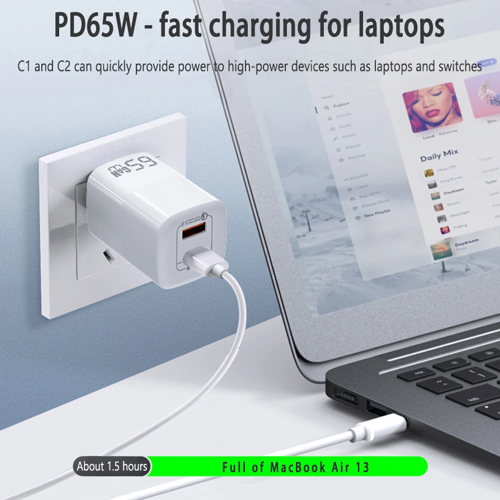 UGOURD PD 65W GaN 고속 충전기 전원 어댑터, USB A 및 C 타입, 빠른 충전, 영국 EU 미국 플러그, 아이패드 맥북 에어 노트북 아이폰용