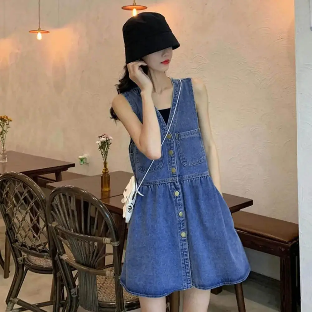 

Women A-line Denim Dress Vintage Denim A-line Dress V Neck Big Hem Chest Pocket Women's Loose Fit Mini Dress Slimming Mini