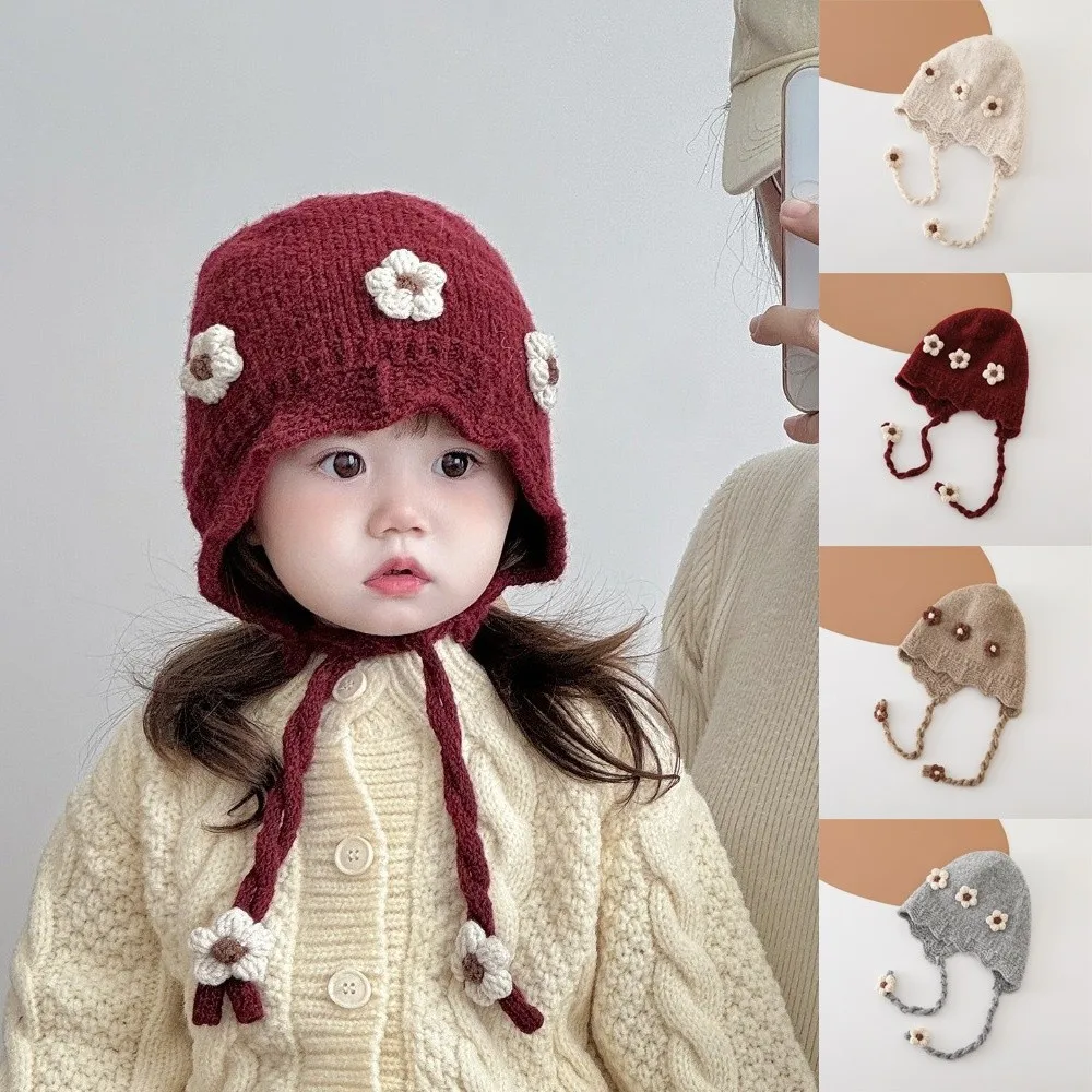 New Windproof Pullover Cap Coldproof Pompom Beanie Hat Knitted Flower Ear Protection Hat Autumn and Winter
