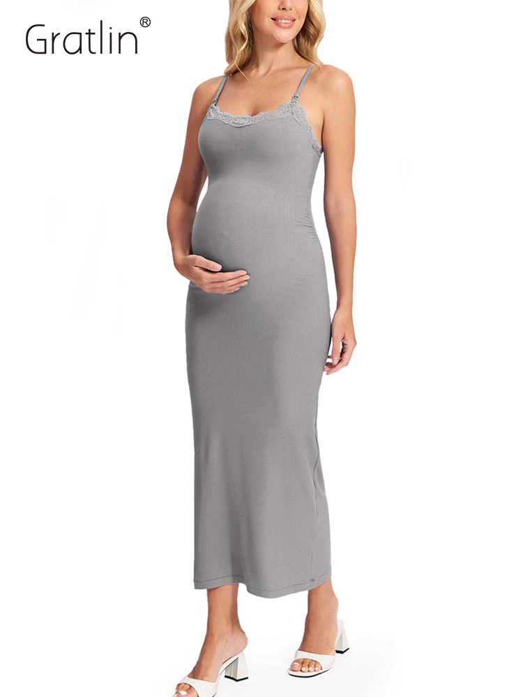 

Maternity Nursing Dress Ribbed Casual Bodycon Dresses with Built in Bra Sleeveless Lace Neck Baby Shower Dress MA004