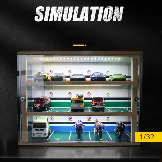 1:32 Scale Car Parking Lot Model Dustproof Storage Display Cabinet Box With Light Solid Wood Parking Room Garage Scene Toy Model 4