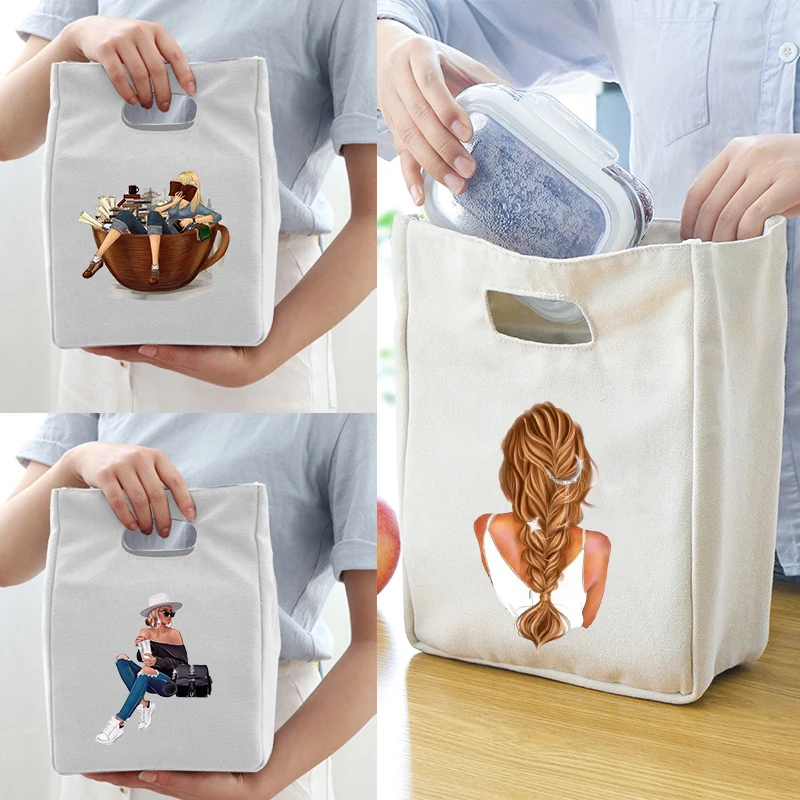 

Fashion Girl Print Cooler Lunch Bag Portable Insulated Canvas Bento Tote Thermal School Picnic Food Storage Pouch Teacher Gift