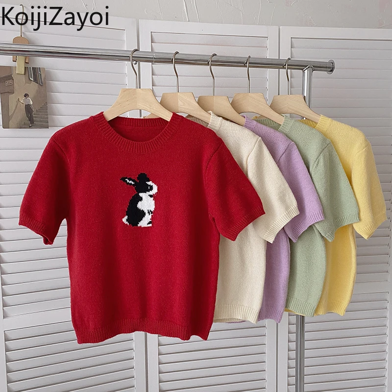 

Koijizayoi Jacquard Women Cute Rabbit Pullovers Knitted Casual Loose Tops Summer Spring T-shirt Lady Short Sleeves O Neck Top